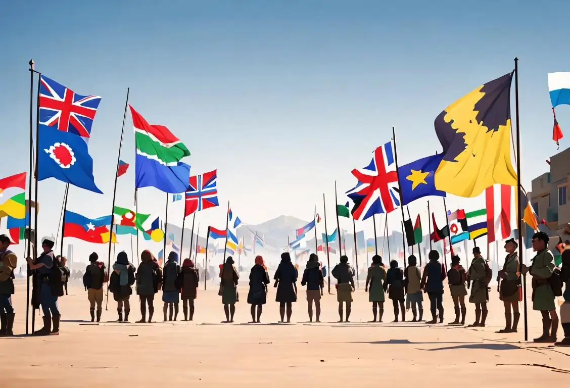 A diverse group of people standing together, each with their own unique style, against a backdrop of flags from countries around the world..