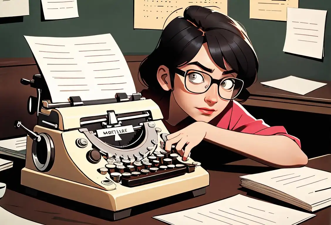 A young screenwriter in a coffee shop, wearing glasses, surrounded by notes and a vintage typewriter..