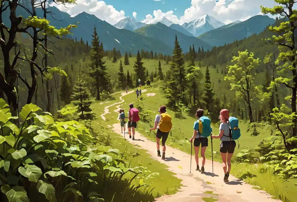 Group of hikers smiling and hiking through a lush forest, dressed in outdoor gear, surrounded by scenic mountain views..