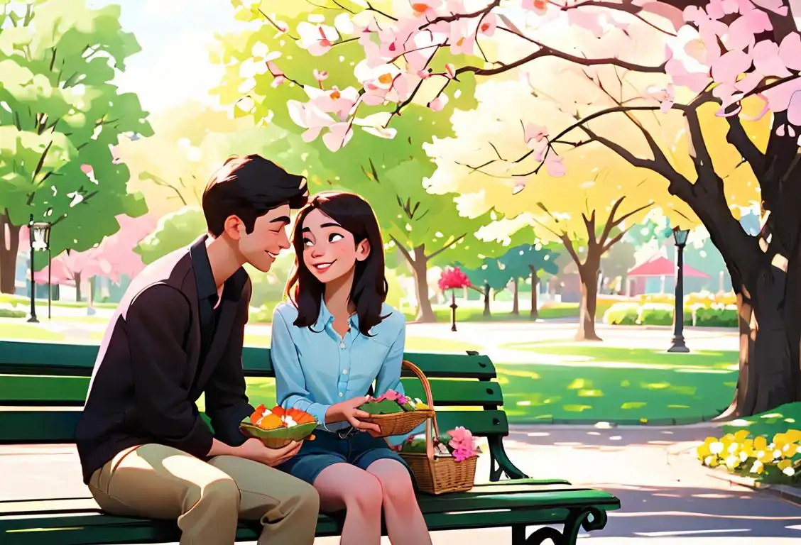 A young couple sitting on a park bench, holding hands and smiling, surrounded by blooming flowers and carrying a picnic basket..
