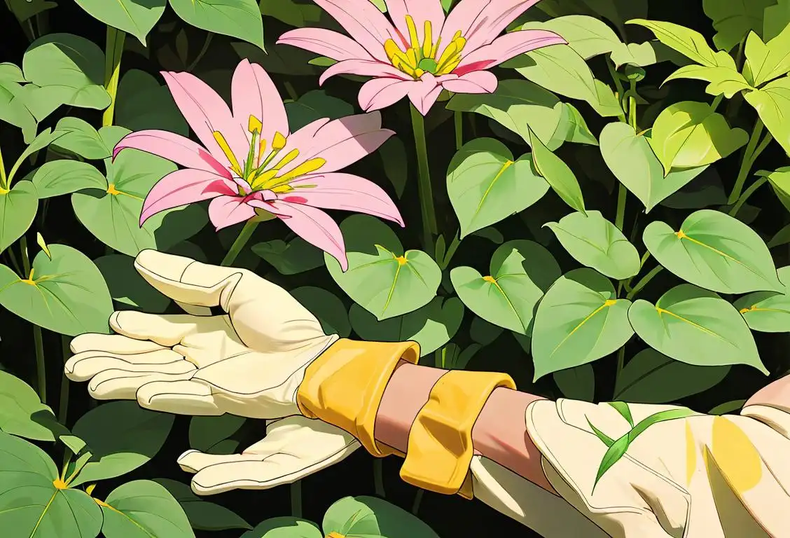 A person wearing gardening gloves, holding a trowel, surrounded by blooming flowers and lush greenery, representing the joy of caring for plants..