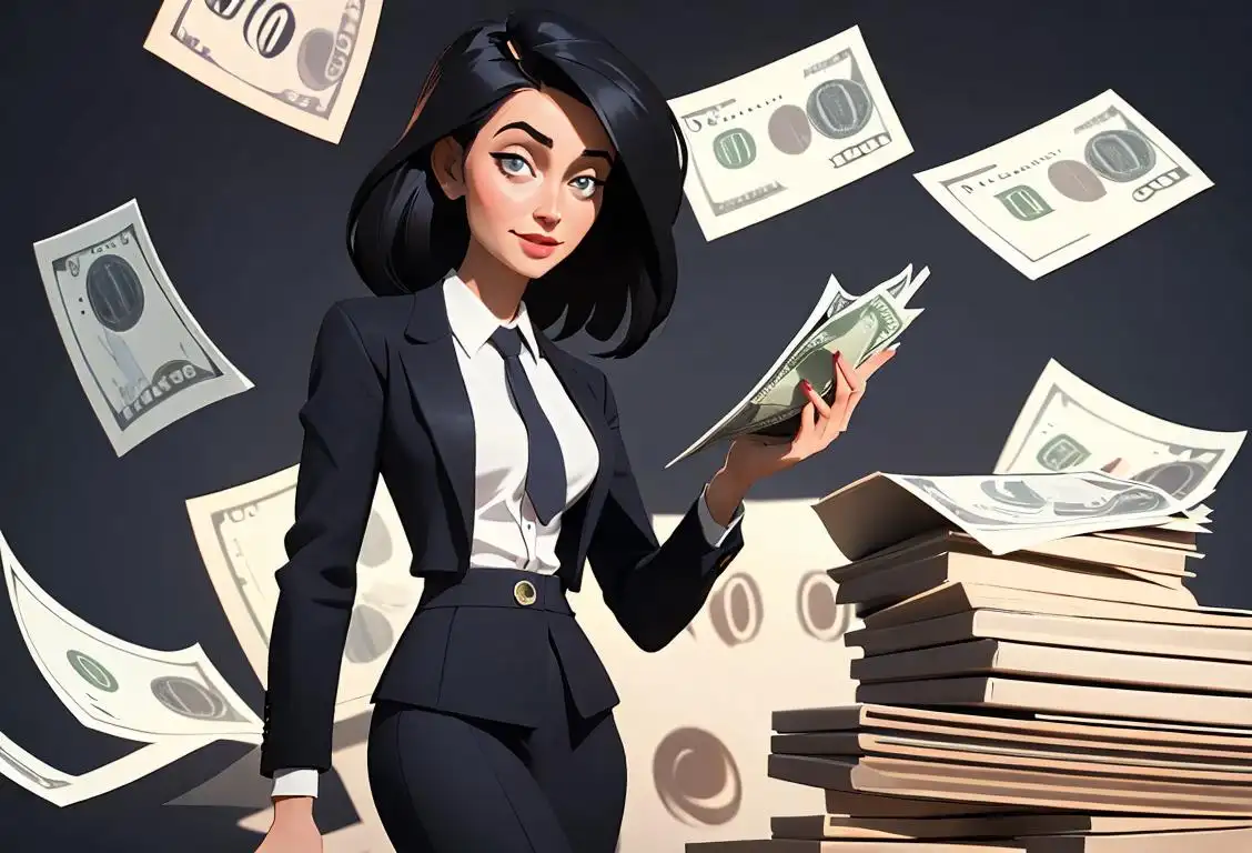 Happy businesswoman holding a stack of money, wearing a professional suit, modern office background..