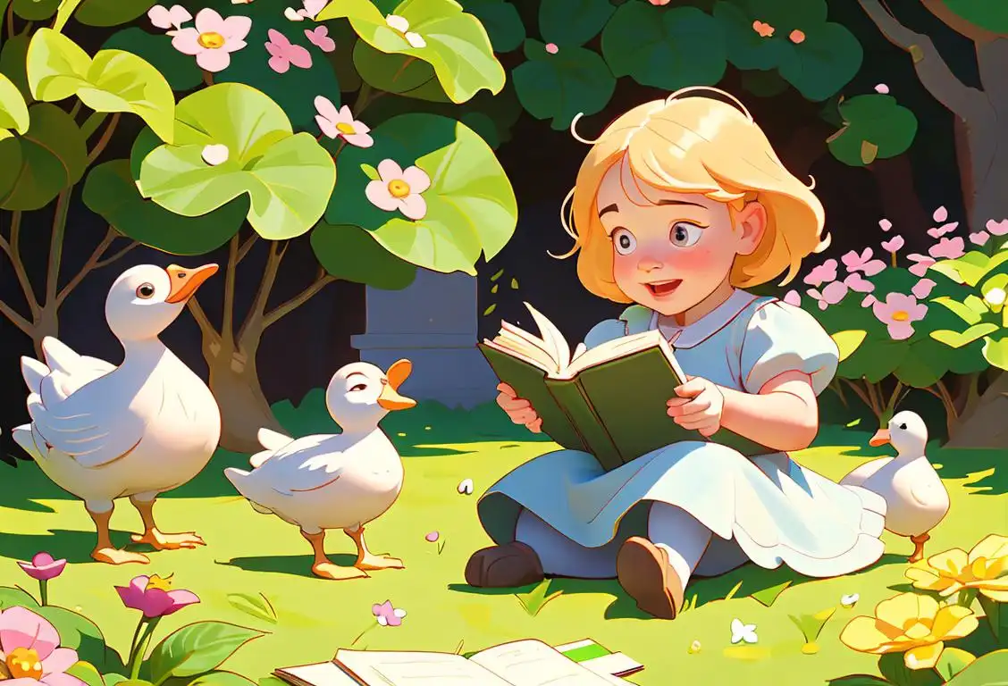 A joyful child holding a book with hand-drawn nursery rhymes, surrounded by a whimsical garden and friendly animals..
