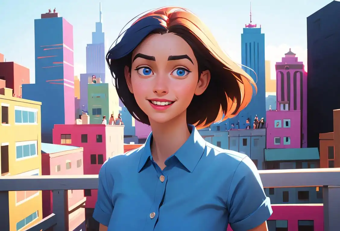 Cheerful young woman wearing a blue shirt, surrounded by a vibrant cityscape and people of diverse styles and backgrounds..
