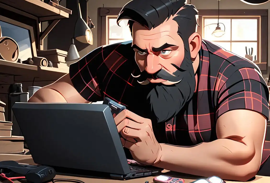 Adult man tinkering with electronic gadgets, sporting a hipster beard, wearing a plaid shirt, tech-filled workshop setting..