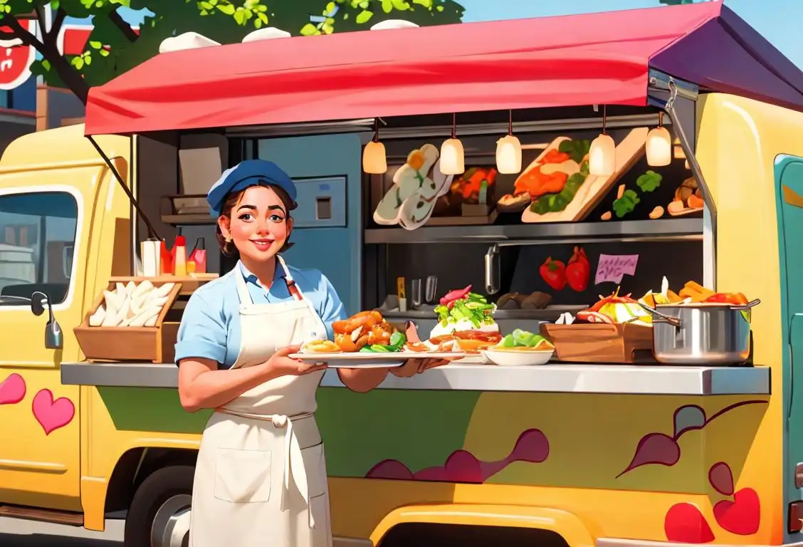 Smiling chef in a vibrant food truck, wearing a chef hat and apron, surrounded by diverse customers enjoying diverse cuisines..