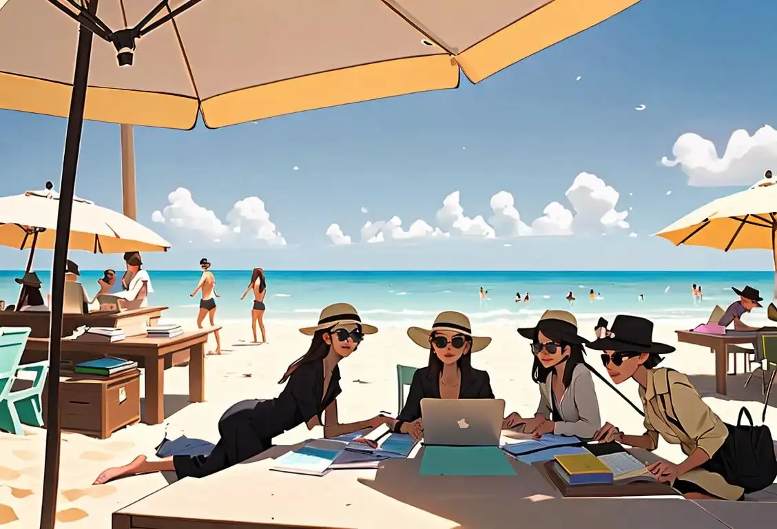 A group of diverse students frantically typing on laptops in a library, surrounded by stacks of books, wearing spring break attire like sunglasses and beach hats..