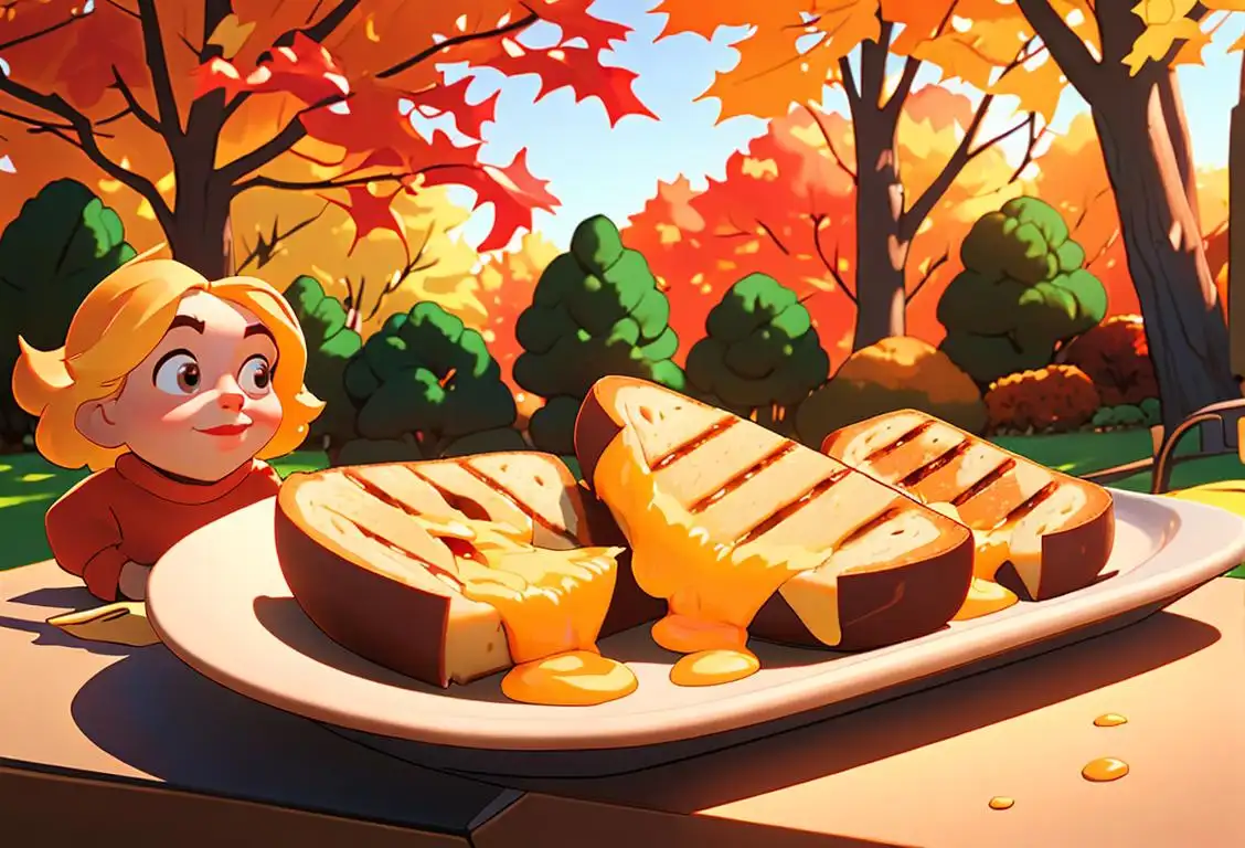 Cheese-loving family gathered around a sizzling grill, wearing cozy sweaters, autumn backdrop with colorful leaves, celebrating National Grilled Cheesus Day..