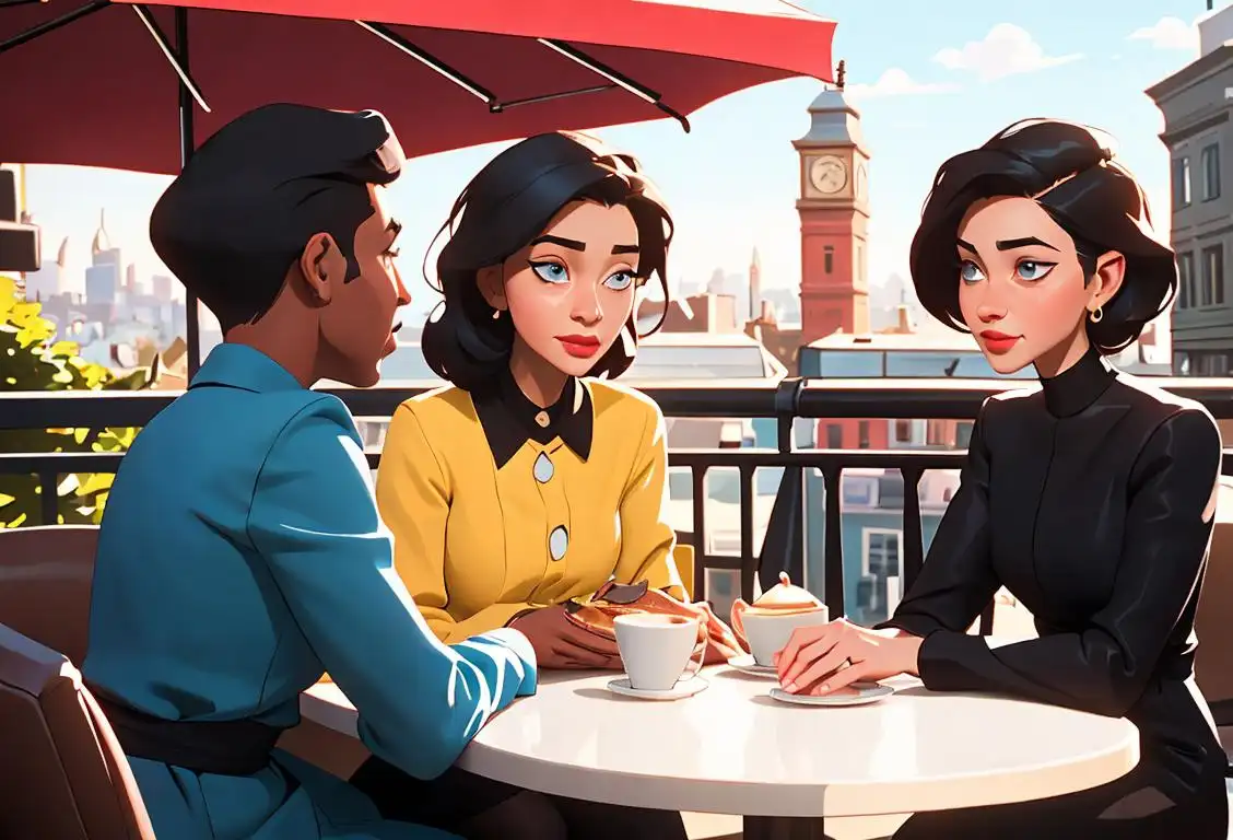 A group of diverse people engaged in friendly conversation, dressed in trendy outfits, in a bustling cafe with scenic city views in the background..
