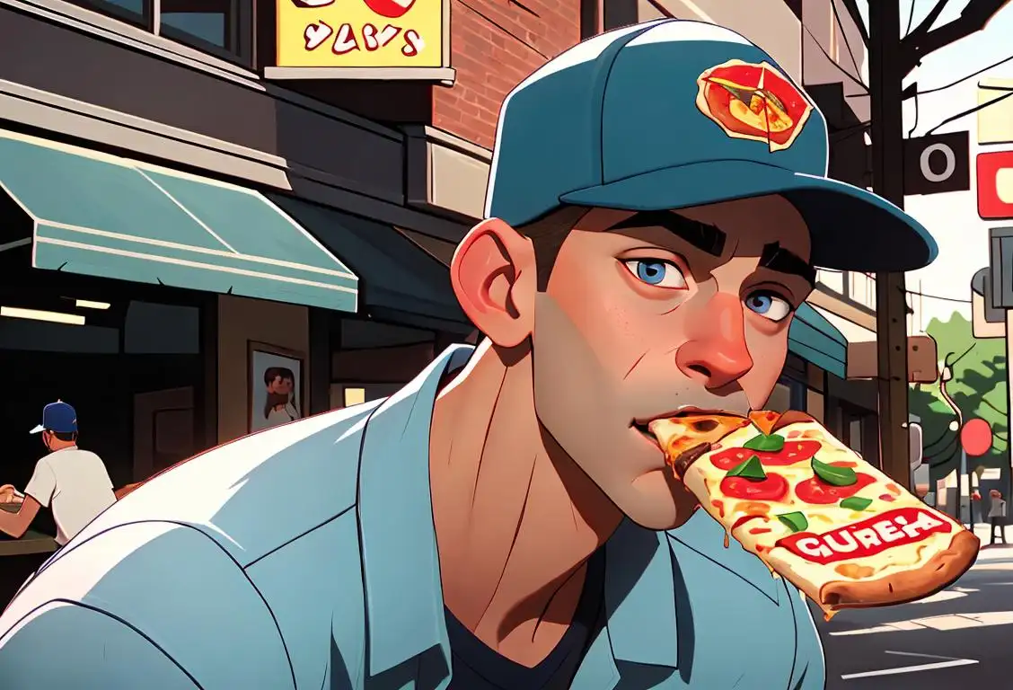 Young man named Gus enjoying a slice of pizza, wearing a baseball cap, urban street setting with a friendly neighborhood vibe..
