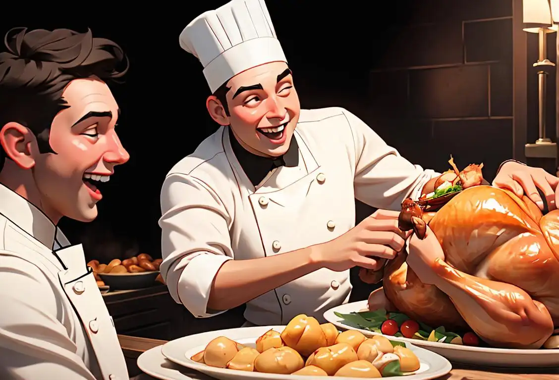 Young man wearing a chef's hat, holding a roasted turkey, surrounded by friends laughing and having a great time..