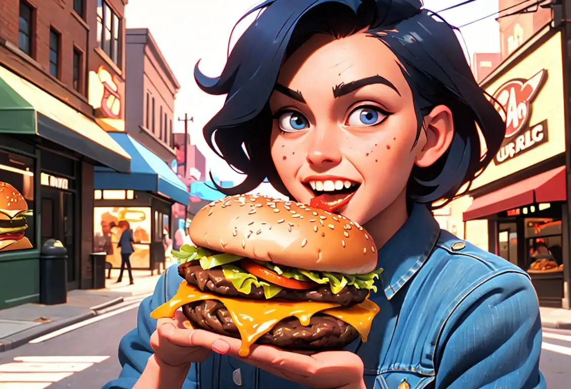 A joyful person biting into a luscious burger, wearing a trendy denim jacket, urban street backdrop..