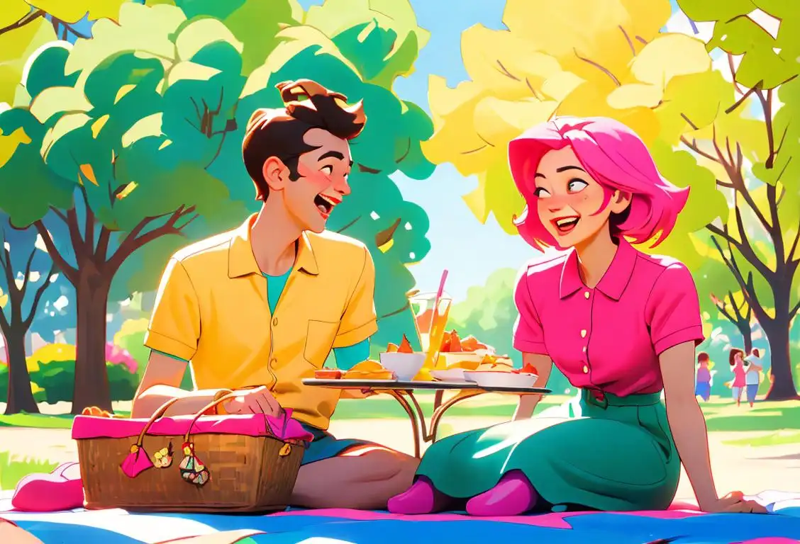 Happy couple in colorful thrifted outfits, laughing and having a picnic in a sunny park..