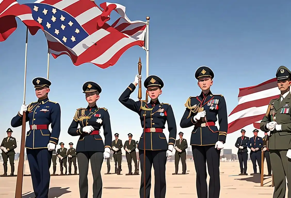 A group of diverse military personnel in uniform standing together, showing solidarity and strength. A mix of modern and traditional military uniforms, urban setting with American flags waving in the background..