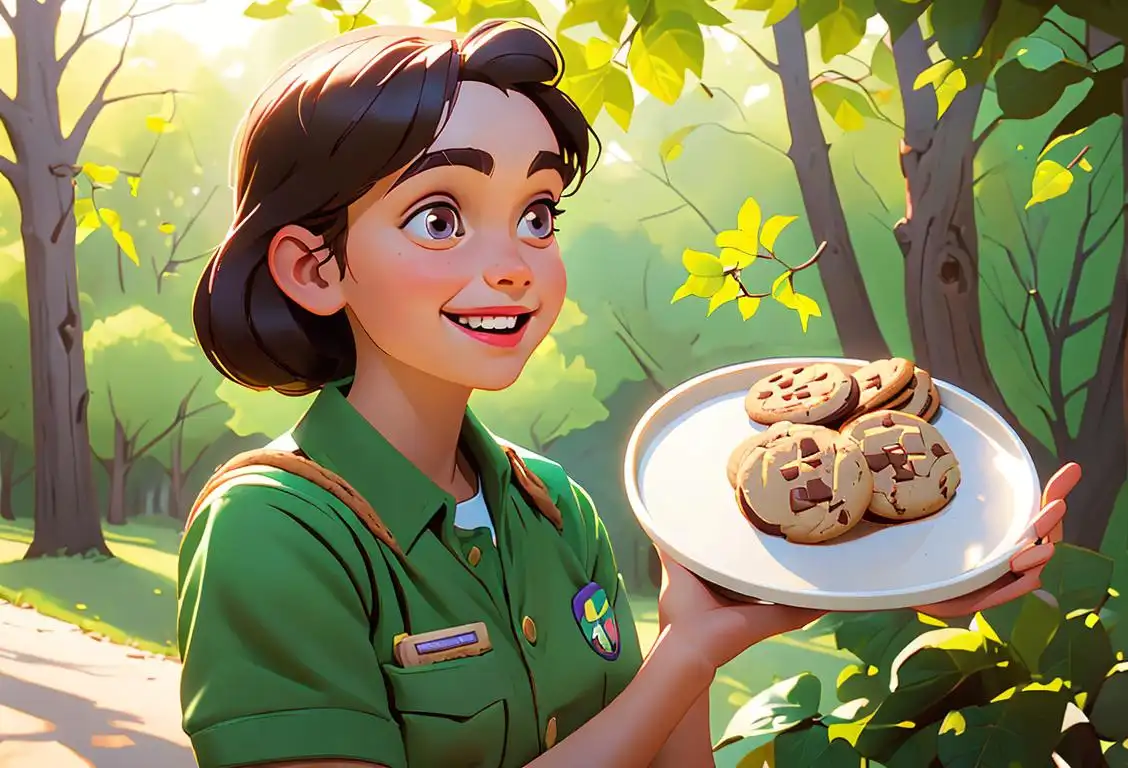 Young girl wearing a Girl Scout uniform, holding a tray of delicious cookies, surrounded by nature and smiling friends..