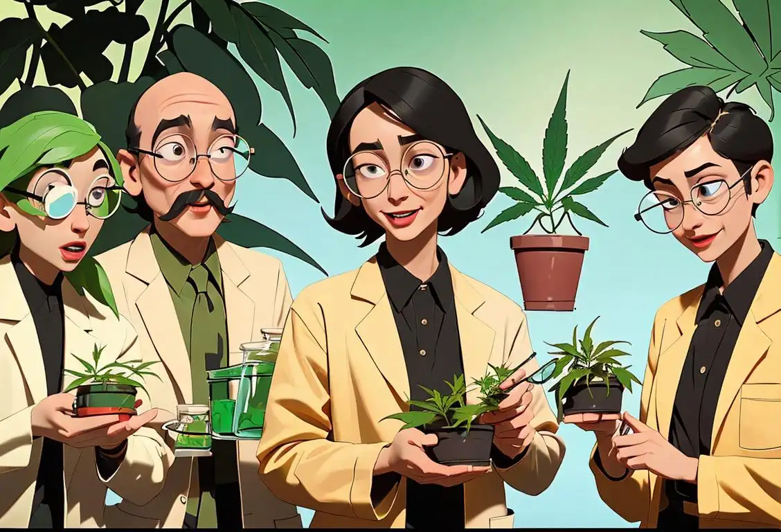 A group of cheerful individuals wearing lab coats, holding magnifying glasses, surrounded by potted plants and cannabis-related props, with a scientific-looking backdrop..