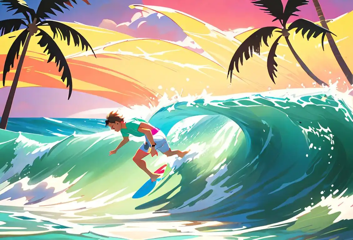 Happy surfers catching a wave, wearing colorful board shorts, tropical beach setting, palm trees in the background..