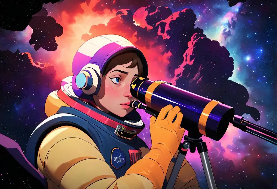 Astronaut holding a telescope, wearing a space suit, gazing at a colorful nebula, surrounded by stars..