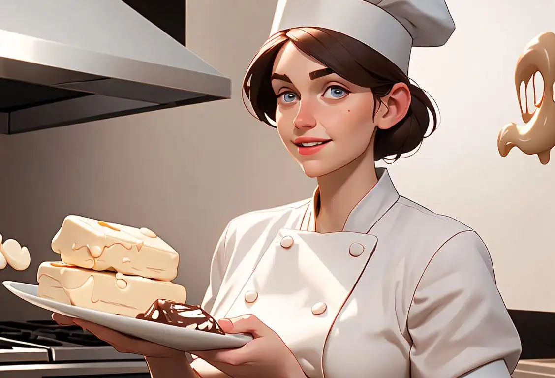 Happy woman holding a white chocolate bar, wearing a chef's hat, surrounded by a kitchen filled with baking ingredients..