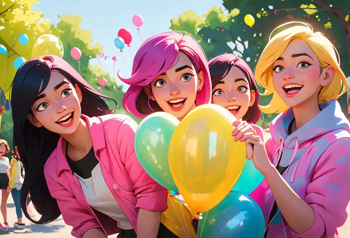 A diverse group of girls laughing and holding hands, wearing trendy clothing and surrounded by colorful balloons in a park setting..