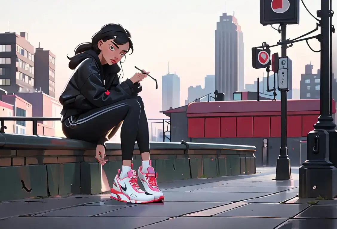 Young woman lacing up a pair of Airmax sneakers, rocking a street style outfit, urban cityscape in the background..