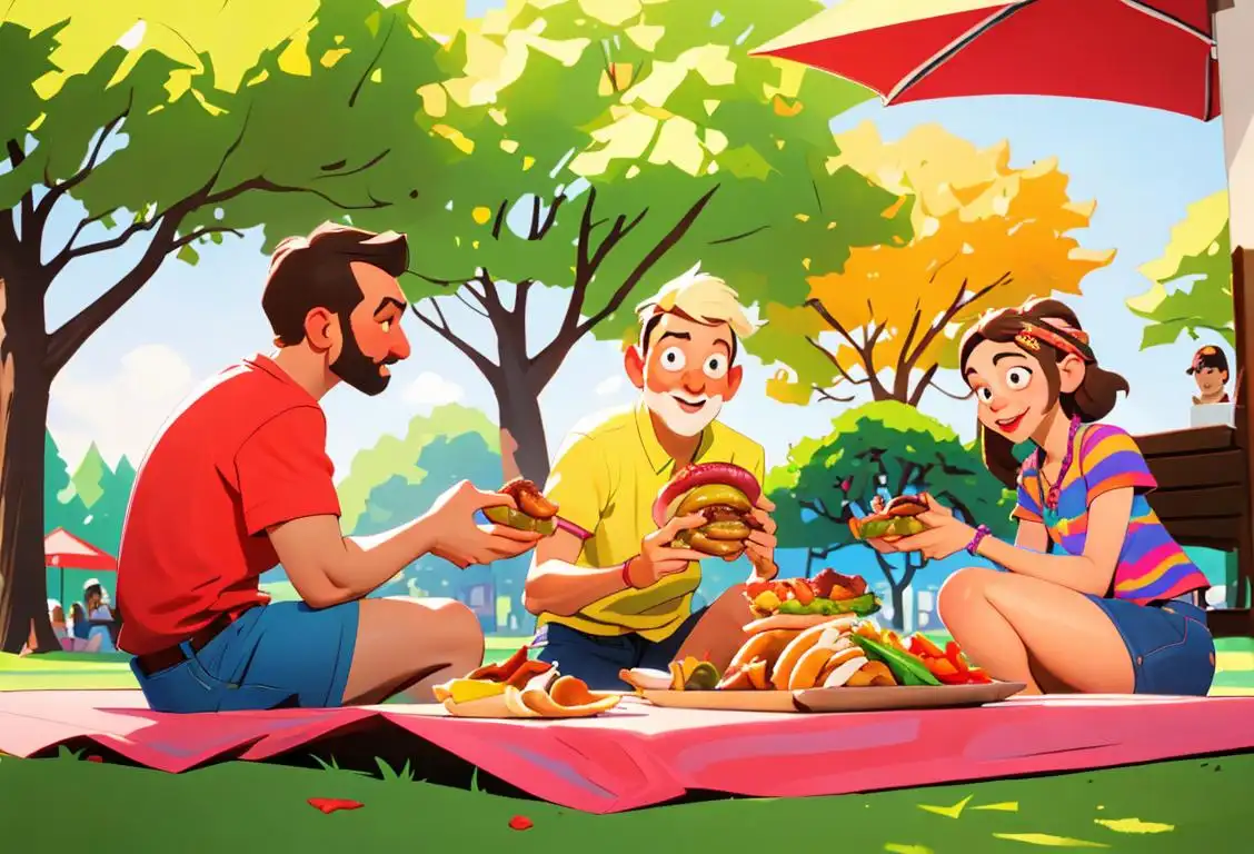 Group of people at a summer barbecue, enjoying bratwursts with colorful toppings, in a vibrant park setting..