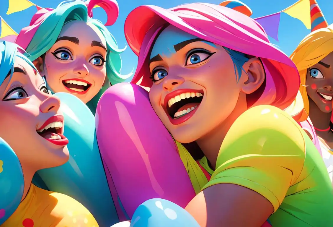 A group of friends laughing while playing a playful prank on each other, dressed in colorful outfits, in a vibrant and lively carnival setting..