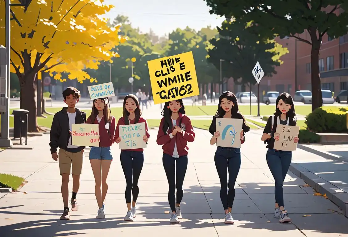 A diverse group of students walking together, holding signs and wearing comfortable sneakers and casual clothing, surrounded by a school campus scenery..
