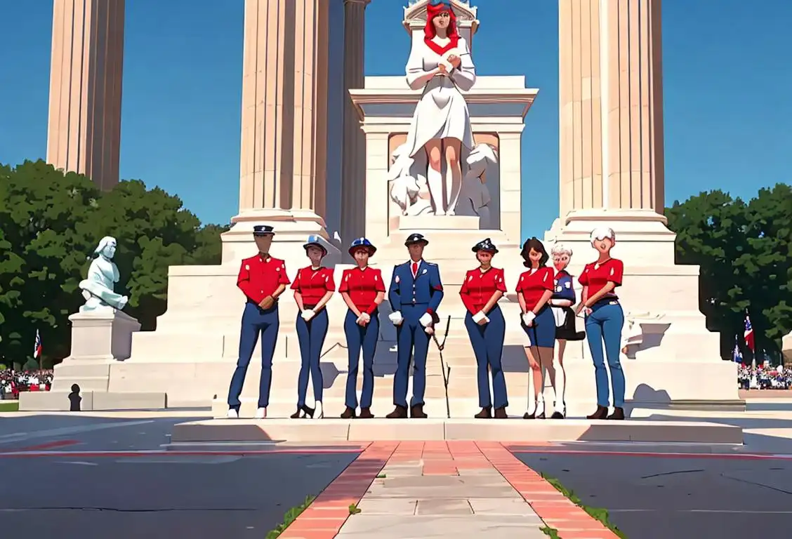 A group of diverse people, all wearing red, white, and blue, posing in front of a national monument, capturing the patriotic spirit of Memorial Day..