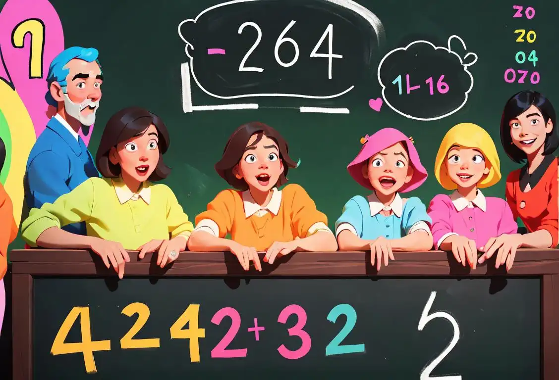 Cheerful group of diverse people surrounded by numbers, dressed in colorful attire with a chalkboard backdrop depicting equations..