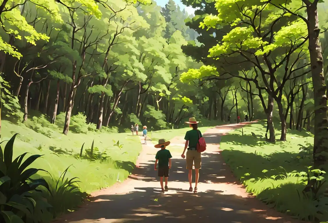 A family hiking in a national park, wearing matching hats and exploring a lush green forest..