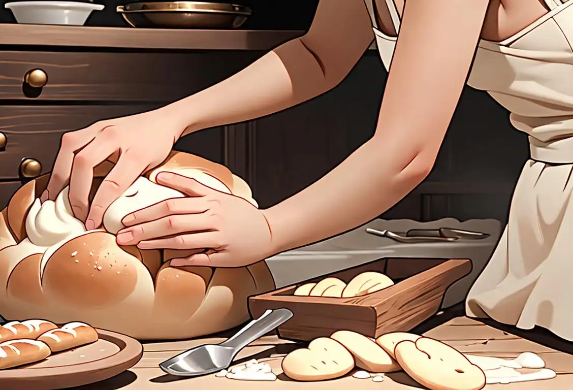 A person with flour-covered hands, confidently shaping homemade bread dough, surrounded by rustic kitchen utensils and a warm, inviting home kitchen atmosphere..