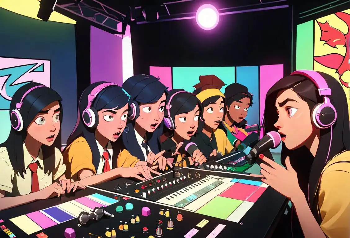 A diverse group of high school students with headphones, mixing boards and microphones, broadcasting live in a colorful radio station studio..