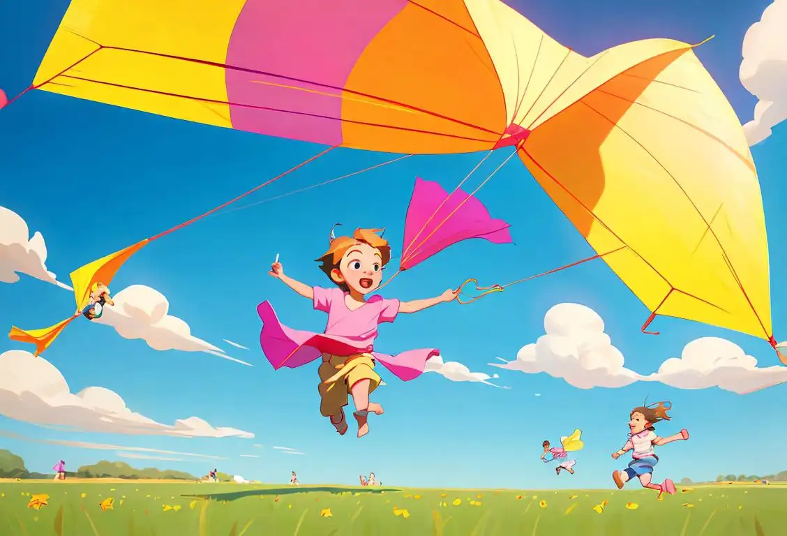 Young child running in open field, colorful kite soaring in the sky, sunny day, picnic scene with friends and family..