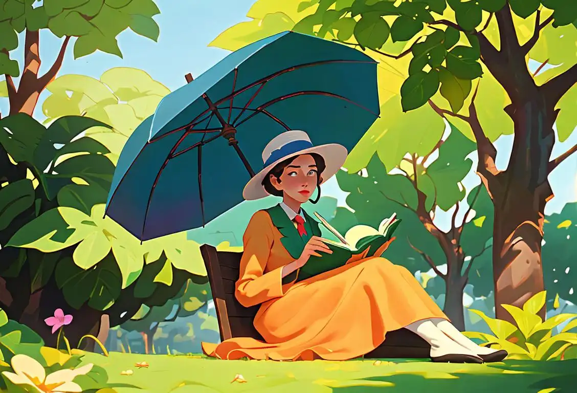 A person sitting under a colorful umbrella, wearing a wide-brimmed hat, reading a book, surrounded by lush greenery..