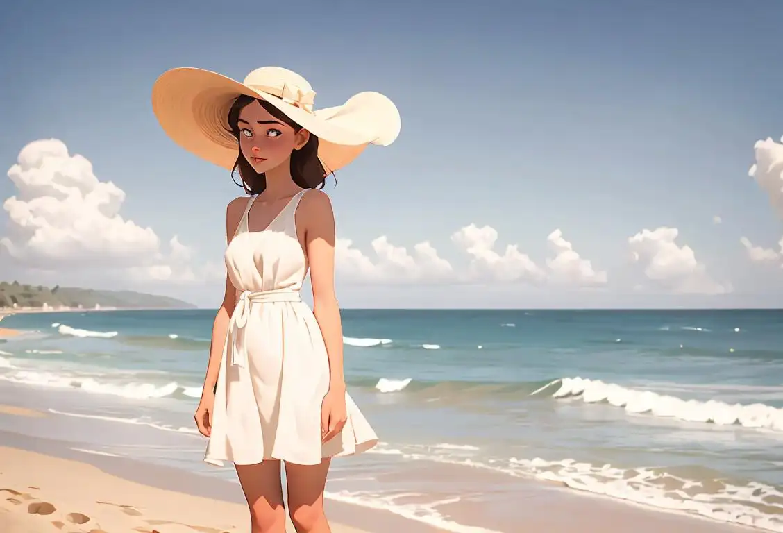 A young woman, wearing a flowy sundress, with a wide-brimmed hat, standing on a beach, feeling the gentle ocean breeze..