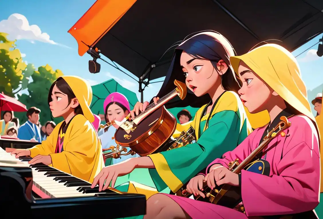 Young musicians playing various instruments, wearing colorful costumes, in a vibrant outdoor concert setting..
