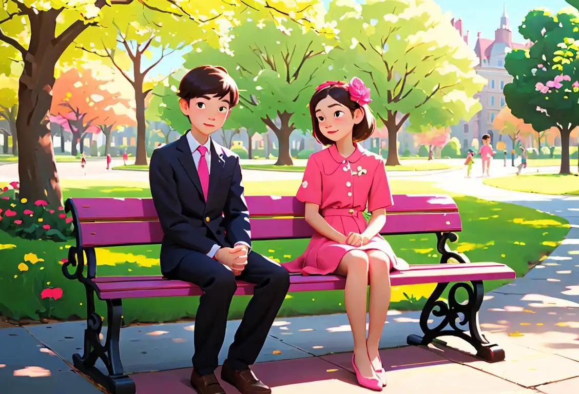 Two siblings sitting on a park bench, wearing matching outfits, surrounded by vibrant flowers and holding hands..