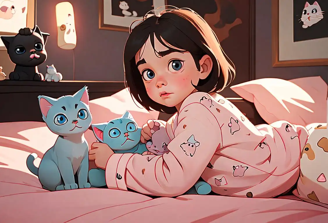 Young child with a cat, wearing pajamas, cozy bedroom setting, surrounded by cute cat-themed decorations..