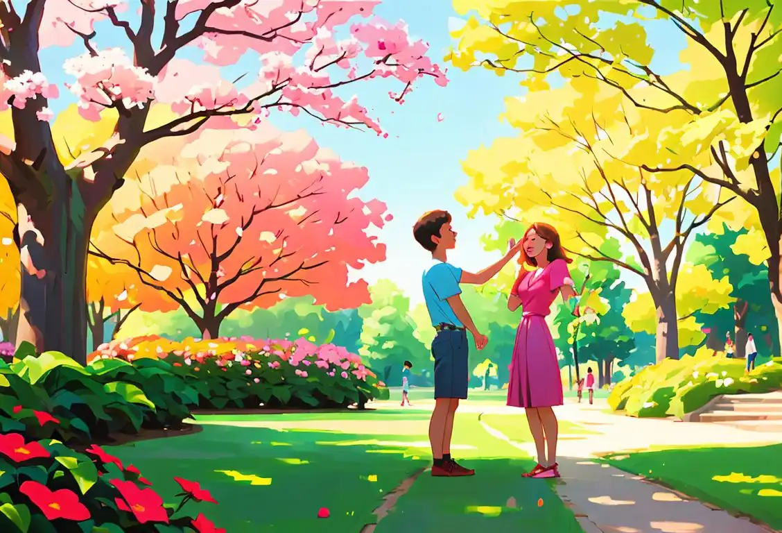Two people high-fiving in a park, wearing casual clothes, surrounded by trees and colorful flowers..