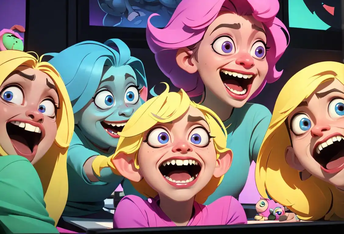 A group of people laughing uncontrollably at their computer screens, wearing colorful outfits, surrounded by funny memes and troll dolls..