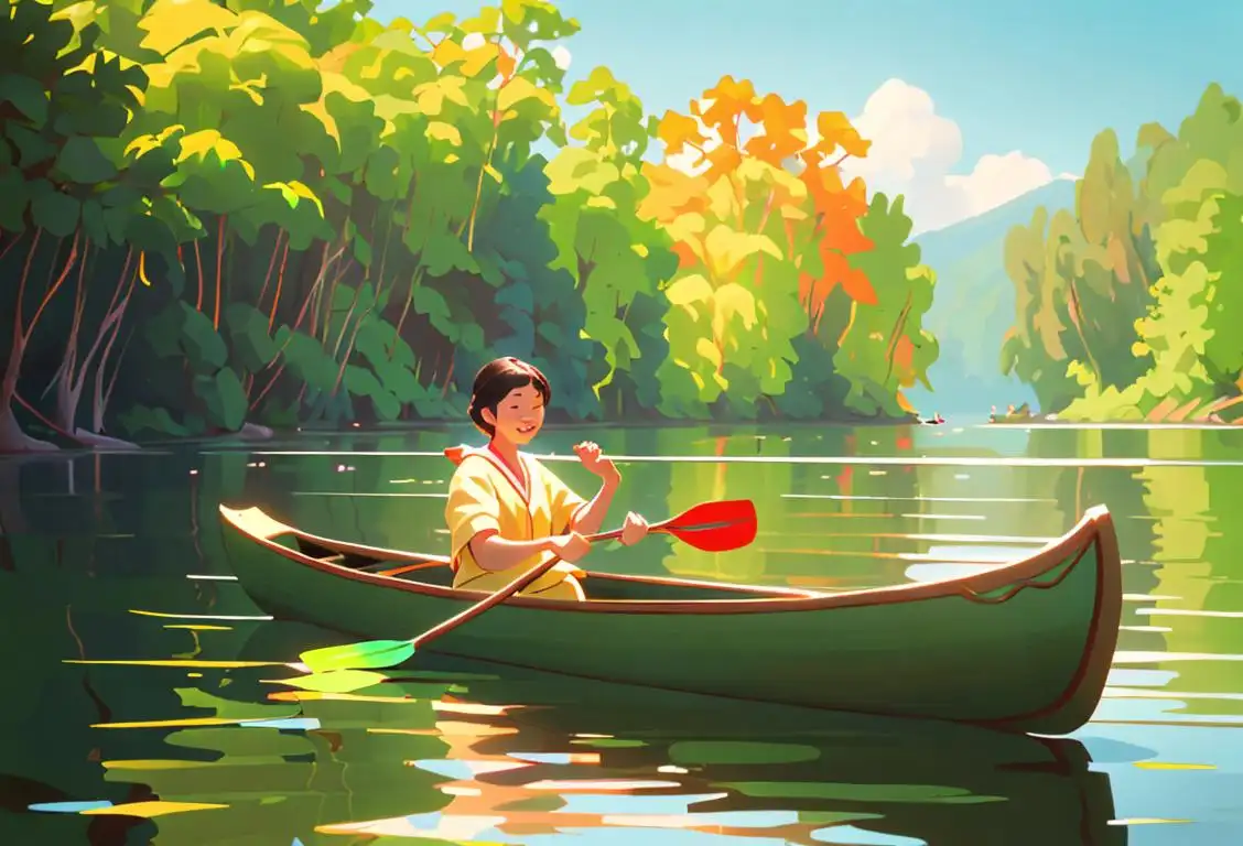 A peaceful serenade on the water, surrounded by lush greenery and a happy paddler in a colorful attire, embracing the joy of National Canoe Day..
