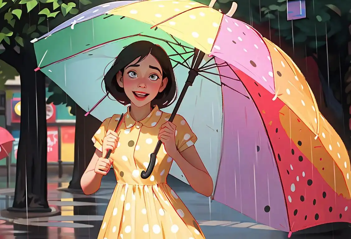 Young girl holding a colorful umbrella, wearing a polka dot dress, joyfully dancing in the rain on National Ad on Day..