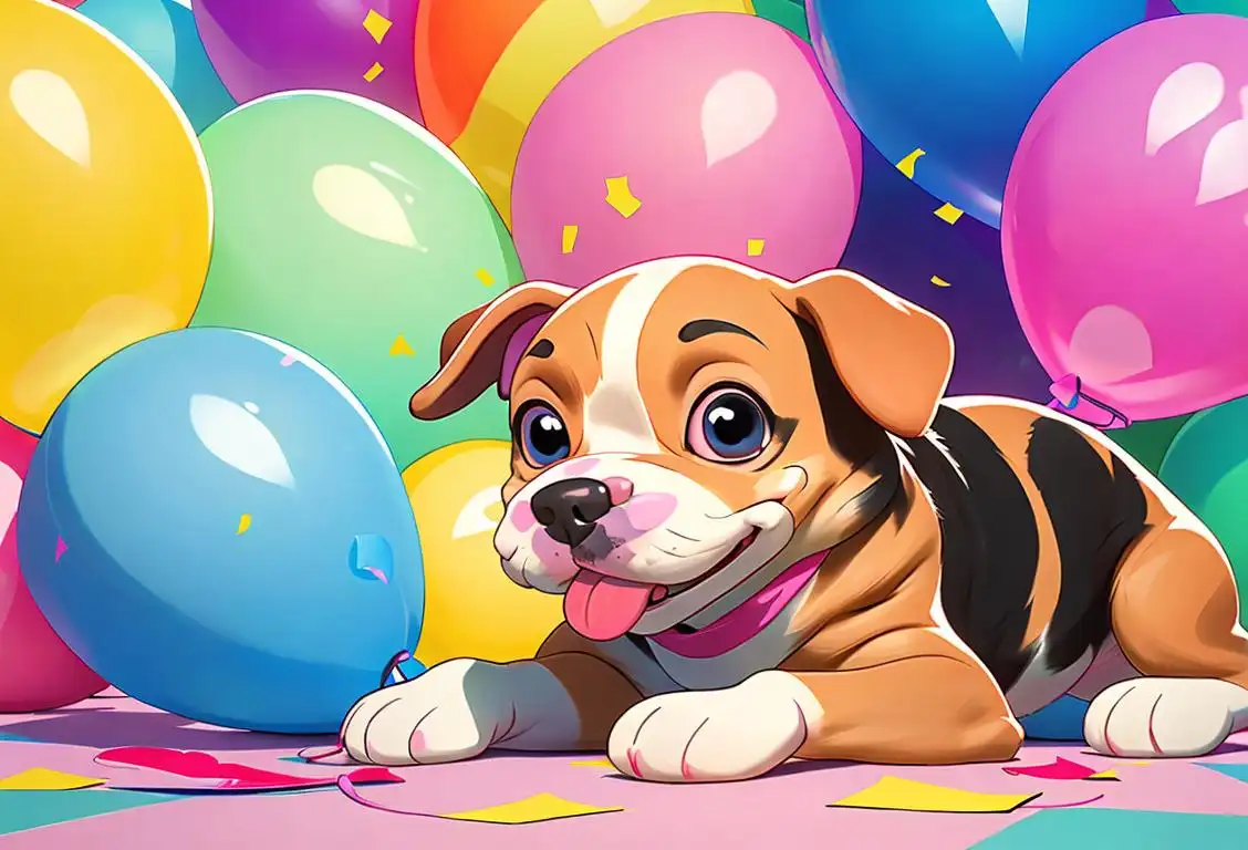 Happy person sniffing the feet of a cute dog, both surrounded by colorful balloons and confetti..