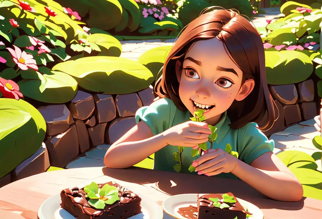 Young girl joyfully biting into a decadent brownie, surrounded by a whimsical garden backdrop, wearing a floral dress, reminiscent of a storybook fantasy..