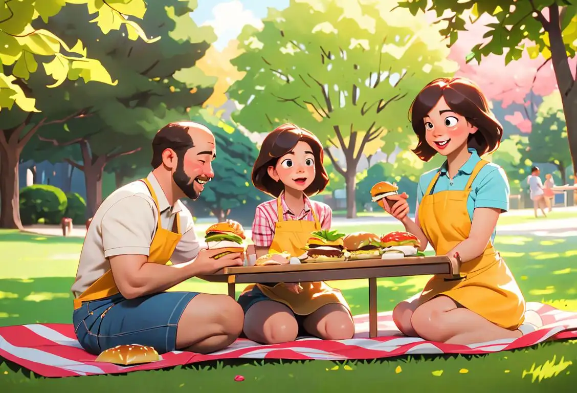 A family enjoying mouth-watering hamburgers at a picnic, wearing matching aprons, surrounded by a sunny park scenery..
