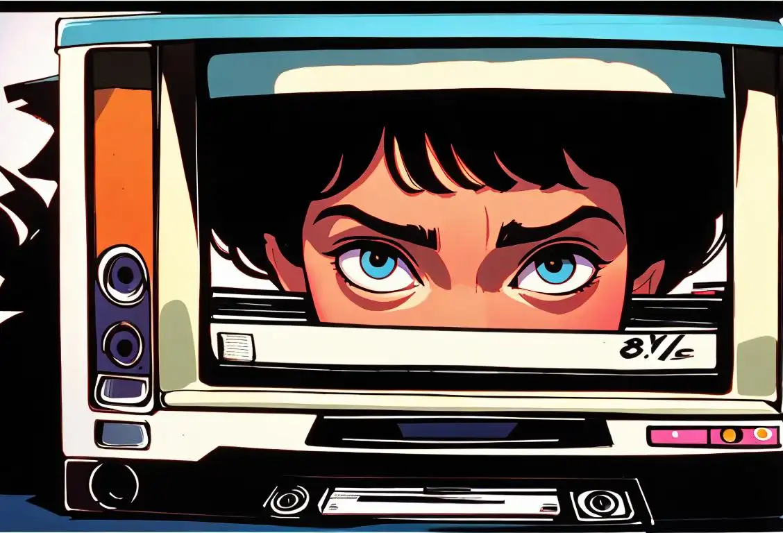 A nostalgic image of a person inserting a VHS tape into a VCR, wearing 80s fashion and surrounded by vintage movie posters..