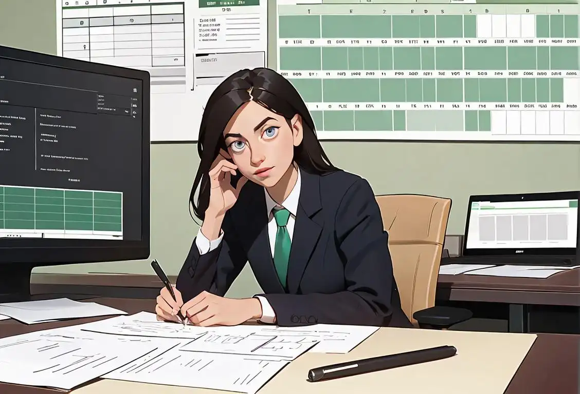 A person sitting at a desk, surrounded by spreadsheets, wearing a business attire, office setting..