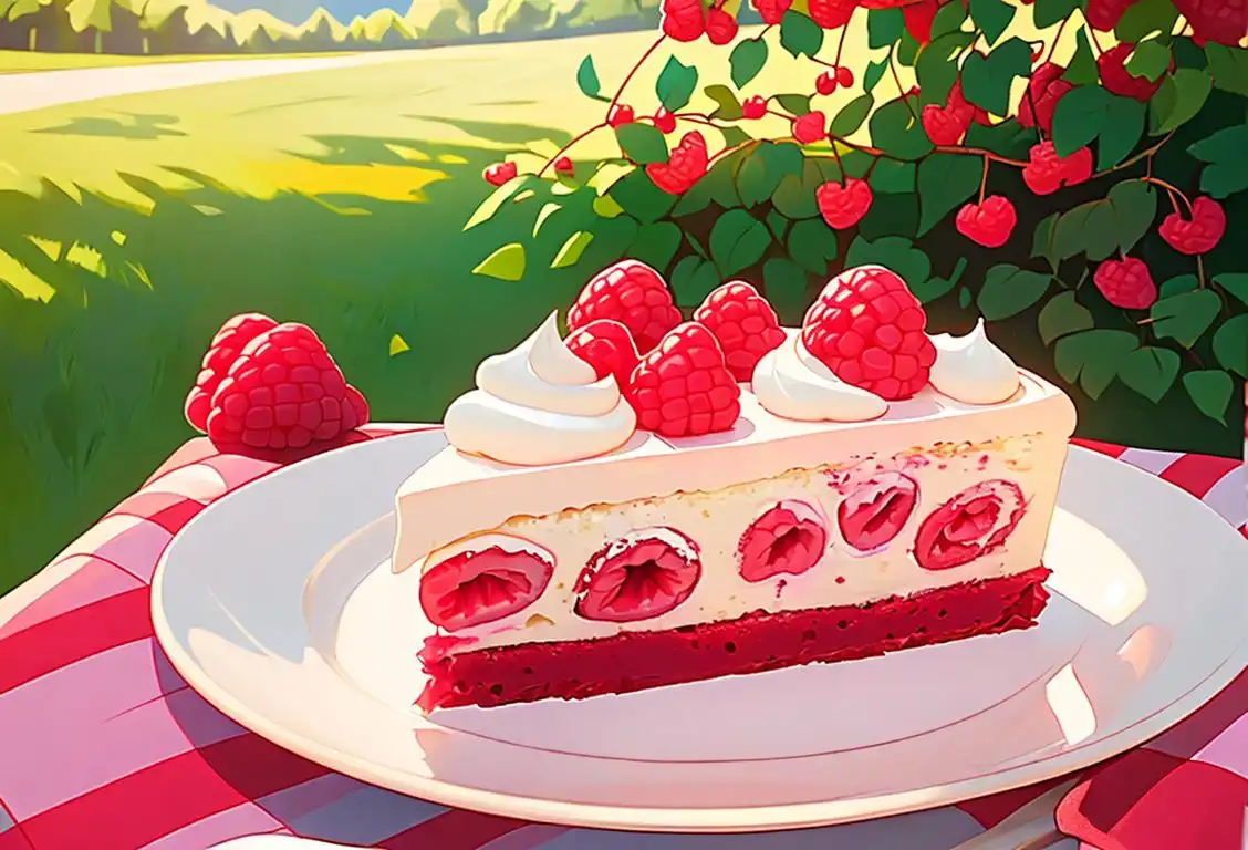 Delicious raspberry cake with layers of whipped cream and fresh raspberries, styled with a summery picnic backdrop and vintage-inspired decor..