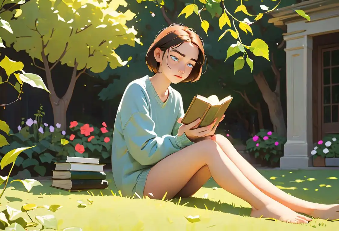 Young person sitting in a serene garden, wearing comfortable clothes, surrounded by books and a peaceful atmosphere..